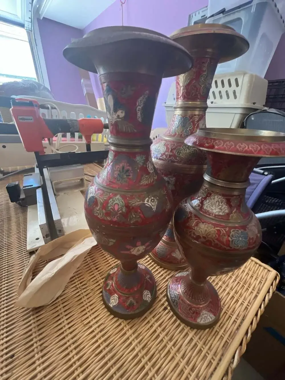 Set of 3 Vintage Indian  Hand-Painted Enamel and Brass Floral Vases